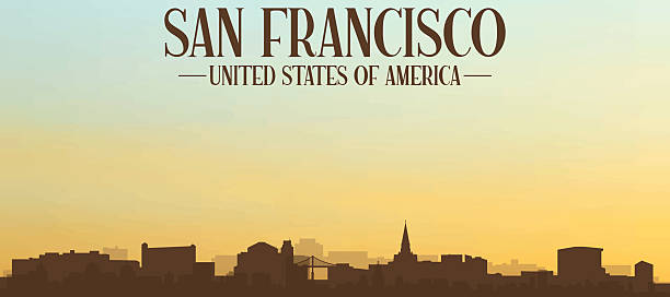 Panoramic poster of the city skyline with misty background buildings, hills sunrise, sunset and clouds of SAN FRANCISCO, UNITED STATES
