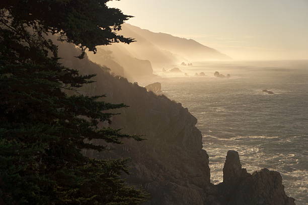 istock Big Sur California Cliffs Morning Mist on Pacific Ocean Glowing Dawn Sunrise 2248379636