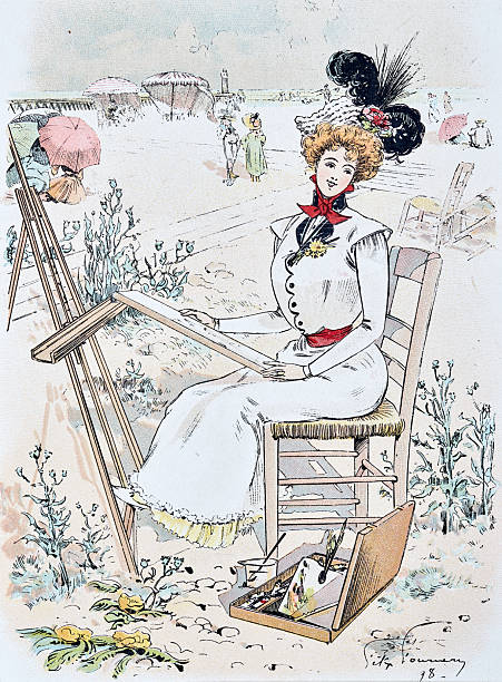istock Young Lady Sketching by the Seaside sitting on a chair at her easel looking to an unvisible visitor friendly — her calm focus captures the gentle rhythm of a sunny summer shore 2248379903