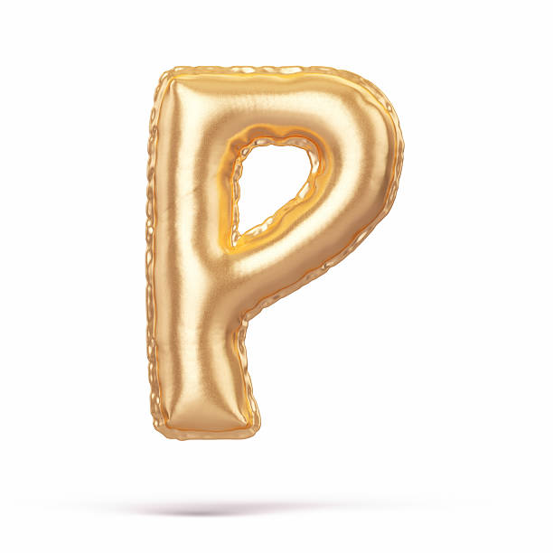3d Render Yellow metallic letter P in balloon shape (Object + Shadow Clipping path)
