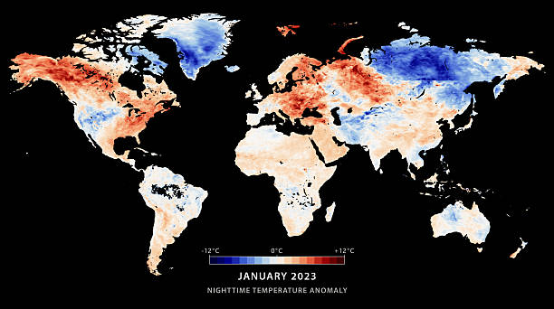 World Map Nighttime Temperature Anomaly January 2023. Miller Cylindrical Projection.Land surface nighttime temperature anomalies for the month of January 2023 compared to the average conditions during that period between 2001-2010.All source data is in the public domain.Color texture: MODIS Terra satellite data courtesy of NASA Earth Observations. https://neo.gsfc.nasa.gov/view.php?datasetId=MOD_LSTAN_M
