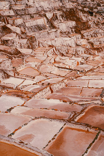 Maras Salt Ponds in the Sacred Valley of Peru. Ancient salt extraction mine on the hill of a mountain