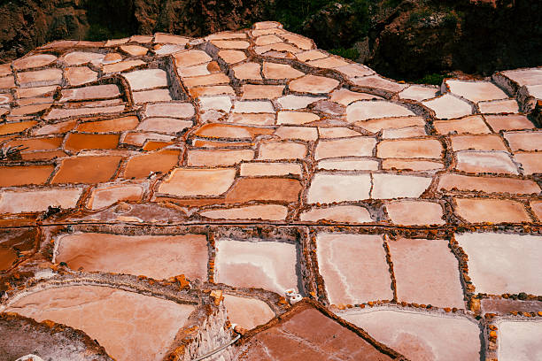 Maras Salt Ponds in the Sacred Valley of Peru. Ancient salt extraction mine on the hill of a mountain