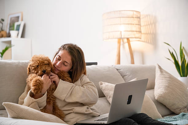 istock Woman cuddling puppy balancing remote work at home 2248381511