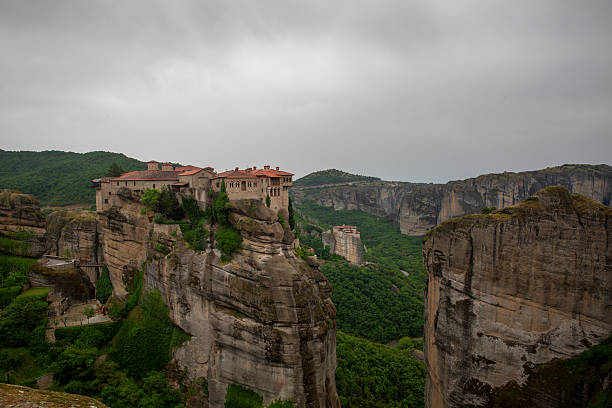 Unesco world heritage site meteora monastery complex built on sandstone peaks offering breathtaking views of the surrounding greek landscape. Meteora, greece