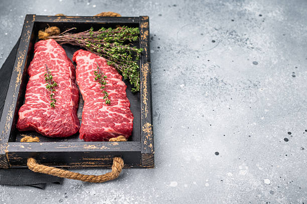 istock Exquisite beef shoulder tender, denver steak waiting to be transformed into a gourmet dish. Ideal for grilling or roasting for an unforgettable dinner. grey background. top view 2248392393