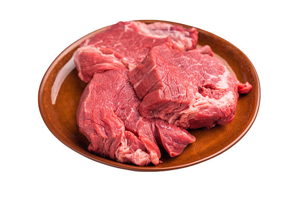 istock Raw Beef meat medallions on a decorative plate, fresh steaks ready for cooking. isolated on white background. top view 2248392697