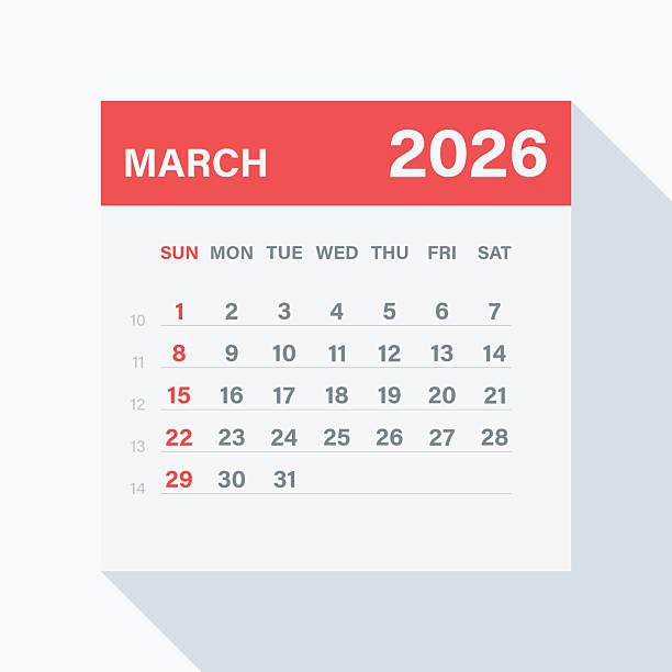 календарь на месяц на март 2026 года. красная тема на белом фоне - март stock illustrations