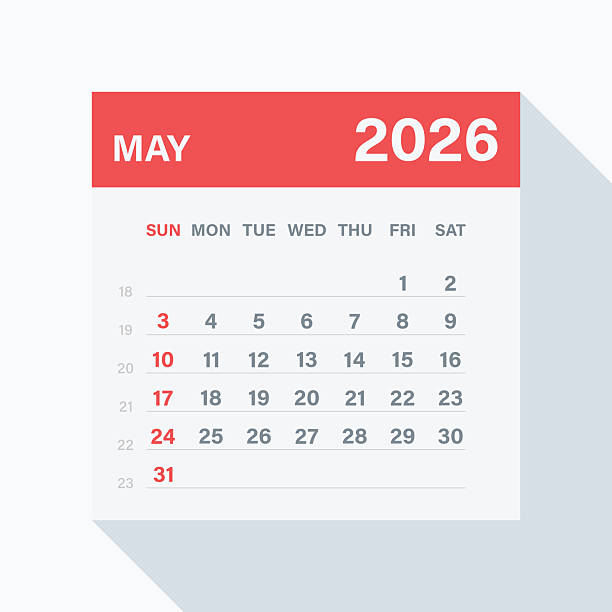 Monthly Calendar for May 2026. Red Theme on White Background May 2026 calendar page. Features a red top header, long drop shadow, and subtle gray background. The design includes a flat layout with clear weekday and date arrangement. Suitable for digital or print use. may stock illustrations
