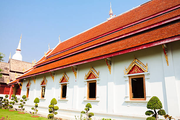 Facade of white colored thai temple in Chiang Mai
