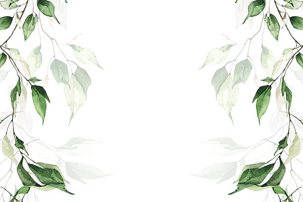 istock Watercolor painted greenery border frame template. Sage green, beige, blue branches and leaves. Garland arrangement art 2248410326