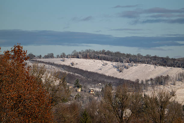 A serene winter landscape featuring gently rolling hills covered in fresh snow under a clear blue sky. Bare trees and scattered rural houses add a peaceful, rustic atmosphere to the scene. Soft light enhances the natural textures and calm mood of the countryside.