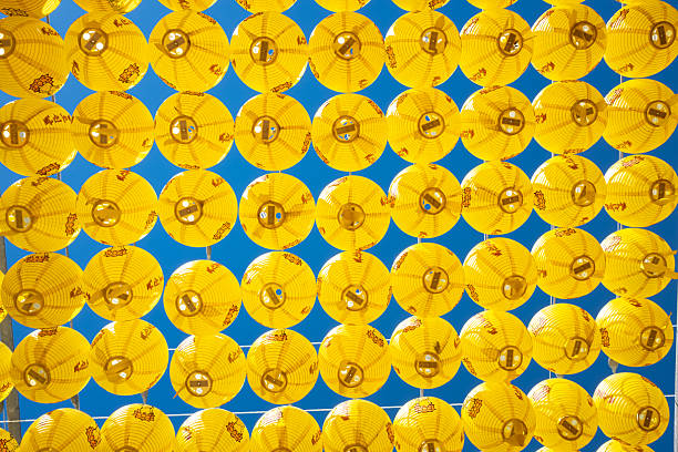Rows of bright yellow paper lanterns forming a repetitive pattern, hanging under a clear blue sky during an outdoor event