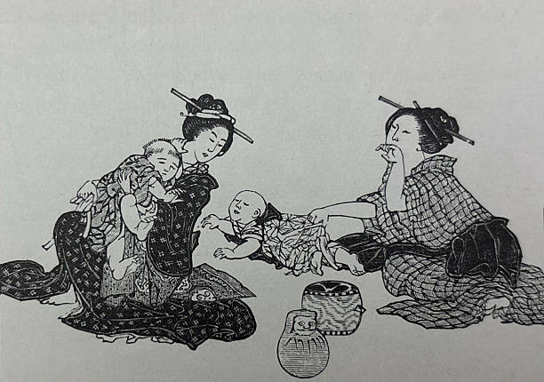 Antique illustration pre 1900 - two women from Japan with small children