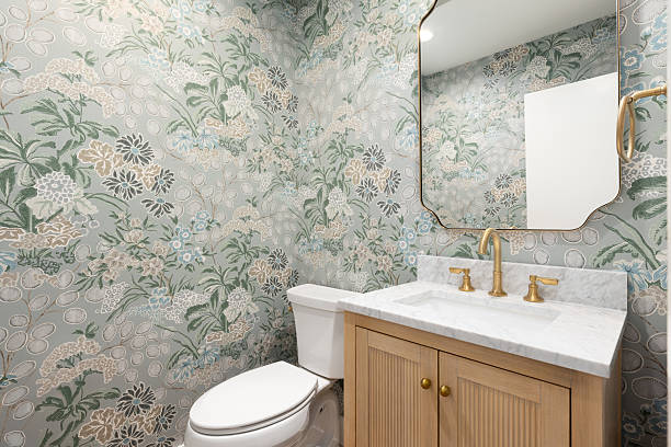 istock A bathroom with a green floral wallpaper. 2248417203