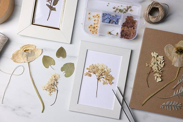 istock Flat lay composition with dry flowers and picture frames on white marble table 2248418625
