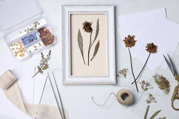 istock Flat lay composition with dry flowers and picture frame on white marble table 2248418631