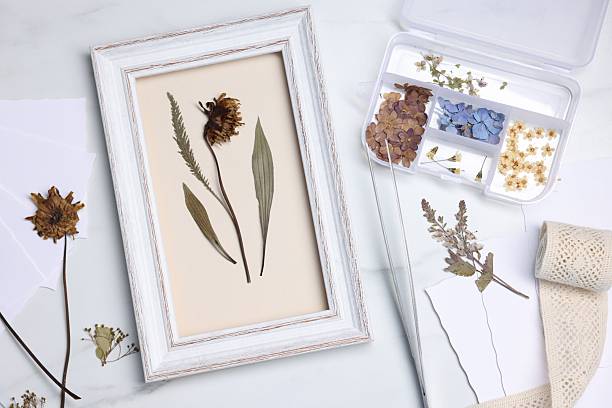 istock Flat lay composition with dry flowers and picture frame on white marble table 2248418701