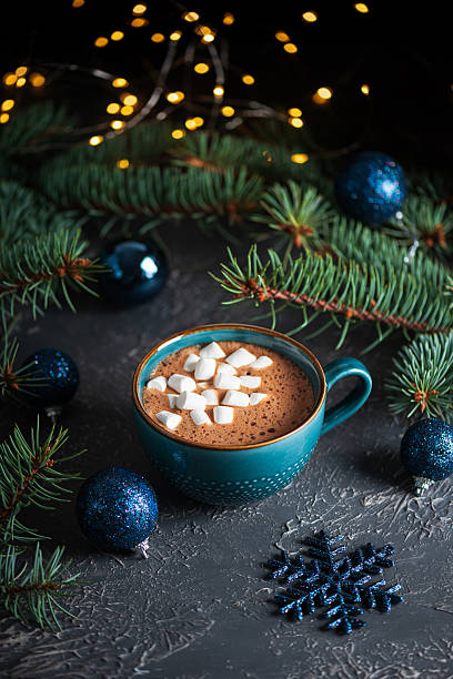 istock Hot Chocolate with Marshmallows in Teal Mug Surrounded by Christmas Decor 2248423592