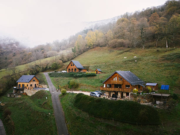 Wooden huts in a mountain area. Aerial view.