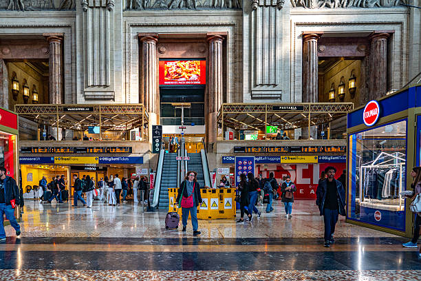 Milano, Italy - April 3, 2025: The interior of the Milano Central Train Station (Stazione Milano Centrale). It's the second-largest station in Italy.