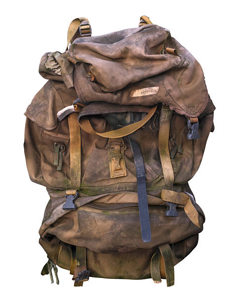 Old Worn Military Style Canvas Backpack With Straps And Buckles Isolated On A White Background