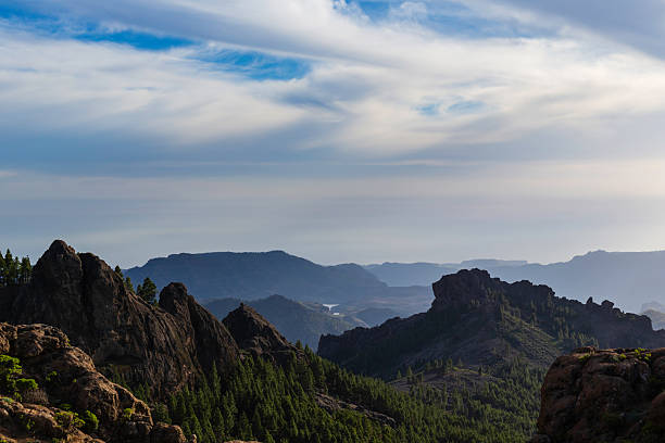 A panoramic landscape with rugged rock formations, evergreen trees, and distant ridges beneath a bright, calm sky. Perfect for nature, travel, and outdoor adventure themes.