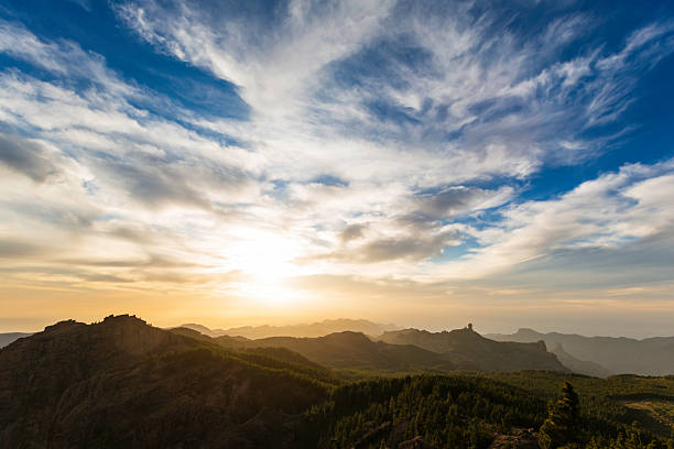 A golden hour panorama of sun setting behind jagged ridges, with forested valleys and a vast, cloud-filled sky. Warm light enhances depth and peaceful natural beauty.