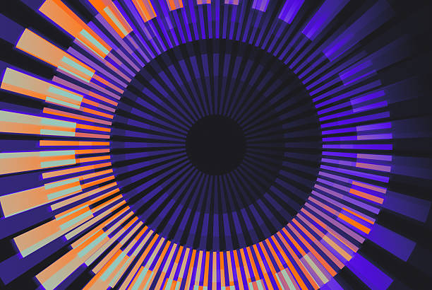 Circular abstract pattern featuring dynamic striped distortion with radiant geometric motion. The design combines violet, magenta, and warm orange tones, creating a vibrant and futuristic appearance. The concentric arrangement gives a sense of motion and depth, with alternating colored bands and segments forming a visual glitch effect. The bold contrast between dark and light shades enhances the pattern's dynamic quality, making it a striking visual element.