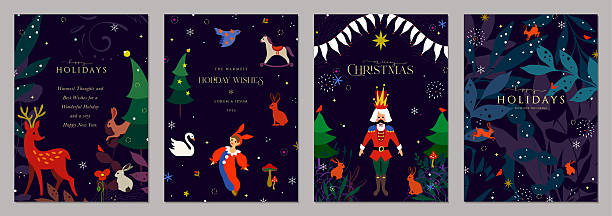 Woodland Magic Christmas cards. Winter Holiday templates with Christmas Tree, Nutcracker, elf, rabbits, swan, reindeers, dove, birds, stars, snowflakes, floral frames with copy space and greetings.