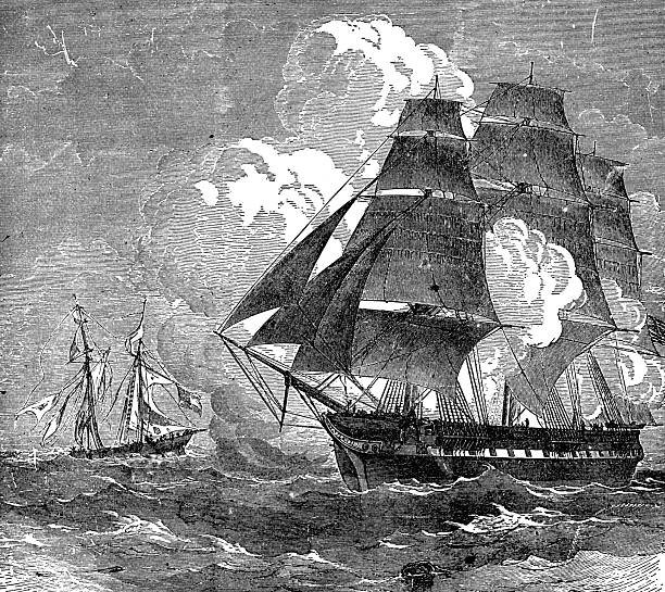 The USS St. Lawrence sinking the Confederate privateer Petrel during the American Civil War (circa 1861). Vintage etching circa 19th century.