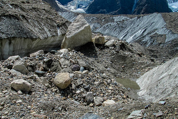 Glacier interior with ice formations, blue and white textures, crevasses and natural light showing frozen landscape, cold environment, alpine scenery, trekking route and high altitude ice structure