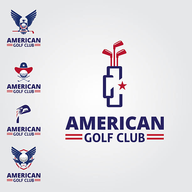 A collection of five versatile vector logo templates for an American-themed golf club or sports brand, featuring patriotic colors (red, white, and blue), a golf bag, golf clubs, a golf ball, stars, and an eagle motif.