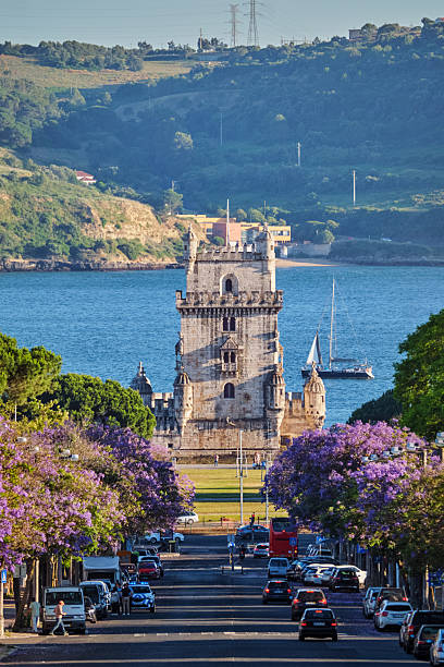 istock Blooming jacaranda trees frame Belem Tower in Lisbon during sunset 2248443648