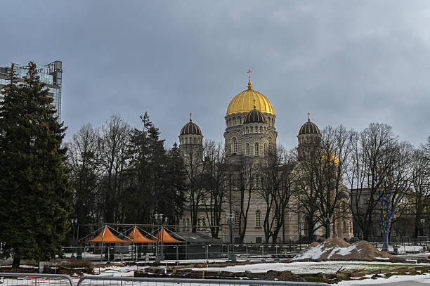 The Nativity of Christ Cathedral in Riga, Latvia - a magnificent Orthodox cathedral with distinctive neo-Byzantine architecture and golden domes. An important religious and architectural landmark.