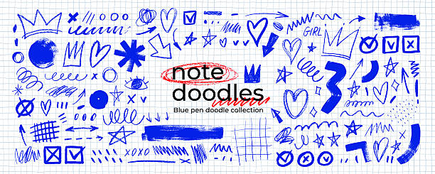 stockillustraties, clipart, cartoons en iconen met blue hand drawn crayon doodles, scribbles and note elements. hand drawn crayon or doodle vector design. childish drawing, naive emphasis elements. funky blue pen scribbles for notebook. - doedel