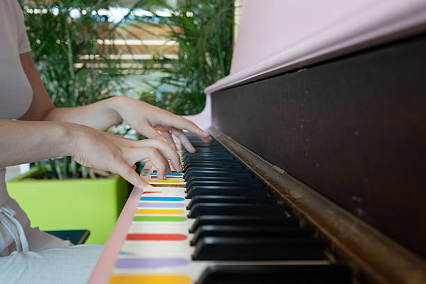 Woman playing an upright piano, featuring rainbow-colored keys. Hamilton, ON