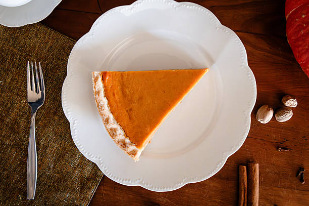 Slice of pumpkin pie on a white plate