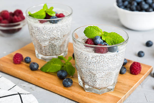 istock Healthy breakfast or morning with chia seeds vanilla pudding raspberry and blueberry berries on table background, vegetarian food, diet and health concept. Chia pudding with raspberry and blueberry 2248451872