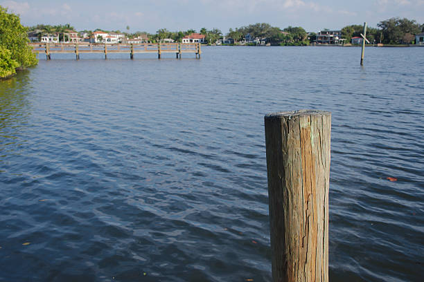 A weathered wooden piling rises from calm blue water, with a distant pier and row of houses along the shore. The scene conveys tranquil coastal life, outdoor serenity, and rustic texture.