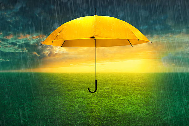 Yellow umbrella in the rain, climate change background