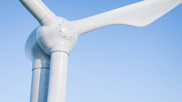 Generating electricity from wind. Wind power plant. Caring for the environment. Generating clean electricity. Rotating wind turbines. Green energy. Renewable energy sources. 3d render