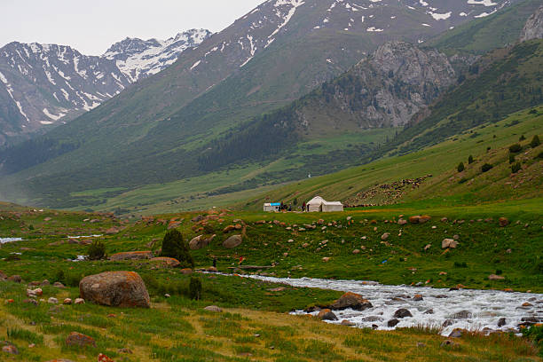 istock Mountain valley landscape with stream, yurts, and a herd of sheep 2248468457