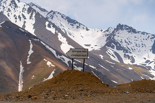 istock Directional sign to Chatkalsky District below snowy mountains 2248470761
