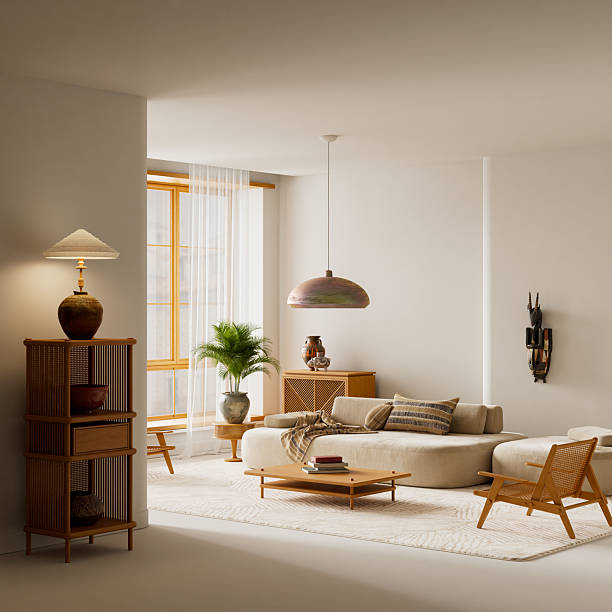 istock Soft neutral tones and warm natural textures shape this modern interior with wooden accents and soft daylight, offering balanced text space for a calm and refined visual scene 3D illustration 2248473282