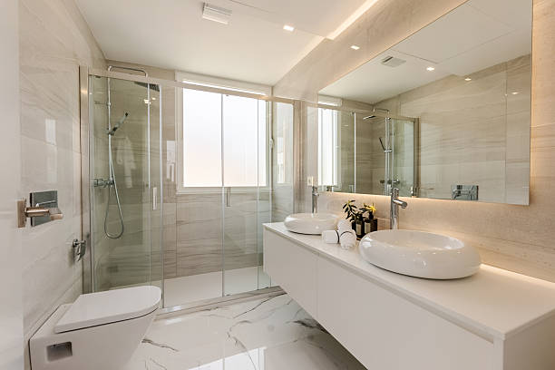 istock marble covered bathroom with standing shower in mediterranean apartment 2248480341