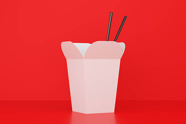 Empty Chinese Food Box Mock Up And Chopsticks On Red Background