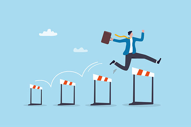ilustraciones, imágenes clip art, dibujos animados e iconos de stock de el emprendedor supera obstáculos, el desafío, el progreso sobre la barrera empresarial, la ambición o solución para resolver un problema, la determinación o el líder, empresario y emprendedor salta obstáculos sobre obstáculos. - adversidad