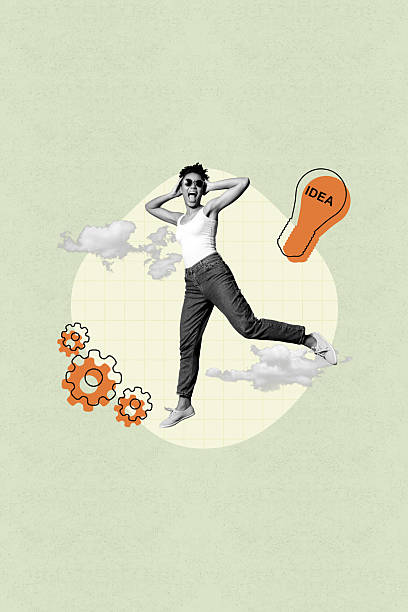 istock Template image collage of person air fly  on green background with drawing light bulb cog 2248493744