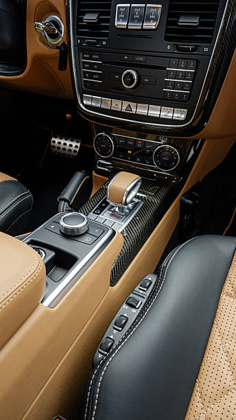 istock Luxury car interior showing detailed gear shift and controls in soft leather and metallic accents 2248496046